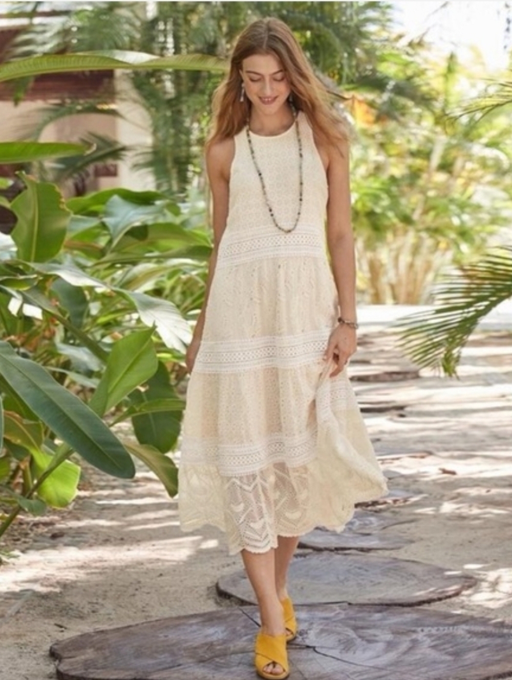 Sundance Cream Lace Halter Tiered Midi Dress